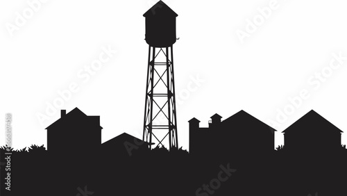Silhouette of a water tower and houses against a white background in a rural landscape scene view |  editable eps vectors