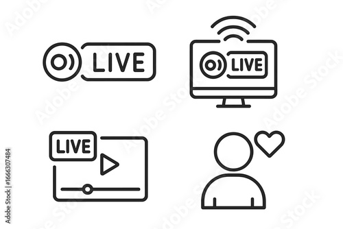 Live streaming line icons set. Online broadcast, video player, and social media engagement symbols. Vector outline illustrations for webinar, stream, follower, and like.