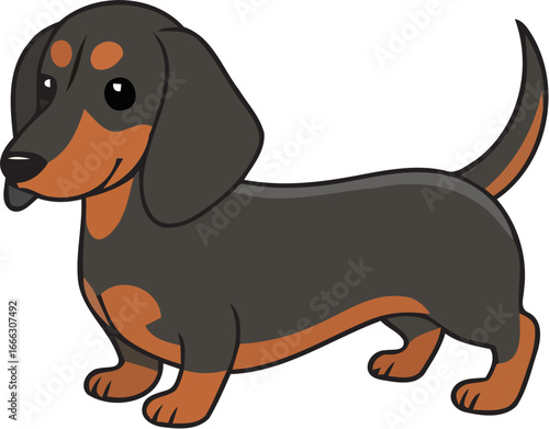 Cartoon illustration of a black and brown dachshund dog standing.