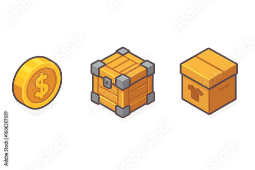 Game economic icons. Isometric set of in-game economy items, virtual currency coin, loot box crate, and skin crate. Vector gaming assets for mobile apps and UI design.