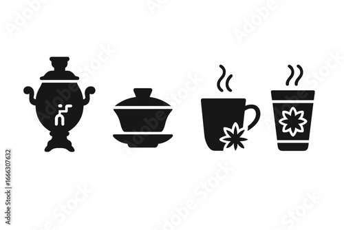 Global tea culture icon set. Vector glyph illustrations of traditional teaware from around the world. Includes Russian samovar, Chinese gaiwan, Indian masala chai, and Moroccan tea.