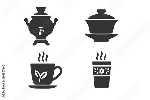 Global tea culture icon set. Solid vector icons of international tea styles like Russian samovar, Chinese gaiwan, masala chai, and Moroccan tea. Beverage and drink symbols.