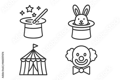 Magic and Circus Outline Icons Set of 4 – Linear Line Art Festival Symbols Including Magic Wand, Rabbit in Hat, Circus Tent, Clown Face, Entertainment and Event Vector Illustration