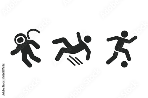 Gravity icons set. Human interaction with physics. Floating astronaut in zero-g, falling person slipping, soccer player running. Solid fill pictogram vector illustration.