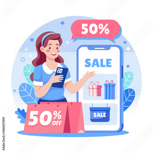 A flat style illustration showing sale discount