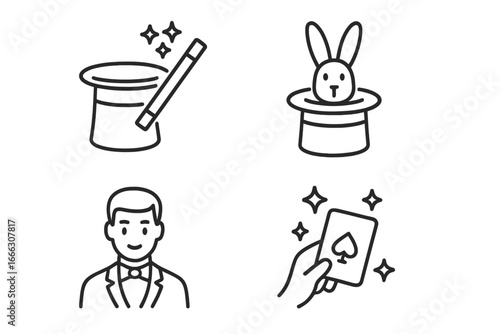 Magic and illusion outline icons set of 4, linear style magician, magic wand, rabbit in hat, playing card trick symbols, vector illustration on transparent background