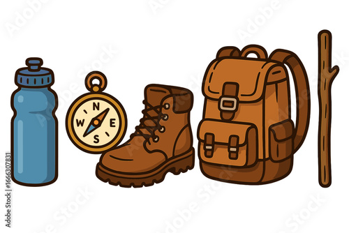 Hiking essentials set for outdoor adventure. Trekking equipment collection with backpack, compass, boot, water bottle, and stick. Vector cartoon illustration for travel & camping.