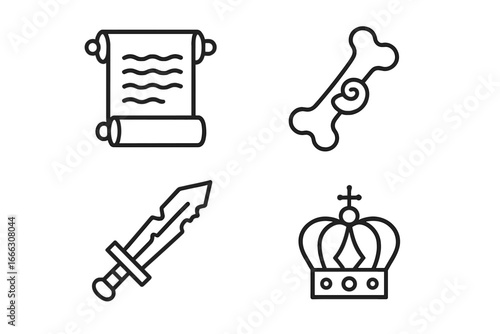 Historical artifacts outline icon set. Ancient scroll, fossilized bone, medieval sword, and royal crown. Archeology, paleontology, and history vector symbols.