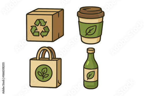 Eco-friendly packaging icons for sustainable living. Vector set with reusable coffee cup, tote bag, recycle box, and glass bottle. Zero waste & green lifestyle concept.
