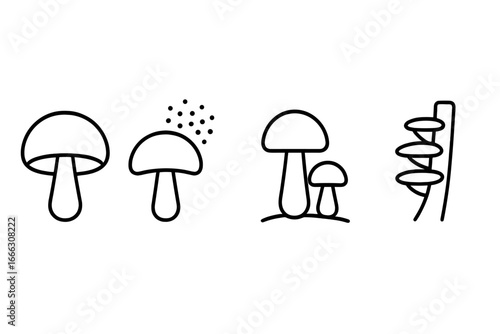 Mushroom and Fungi Line Icons Set of 4 - Outline Style with Spore and Mycology Symbols for Nature, Biology, Forest, and Science Projects, Vector Illustration on Transparent Background