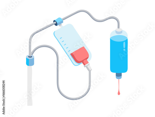 Intravenous fluid bag with tubing, medical equipment isolated on transparent background
