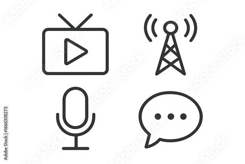 Multimedia and broadcasting outline icon set with 4 linear media and communication symbols including TV, antenna, microphone, and speech bubble vector illustration on transparent background