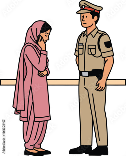 Police Officer Talking to a Distressed Woman Vector Illustration