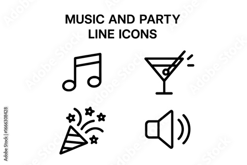 Music and Party Line Icons Set of 4 - Outline Linear Festive Symbols Including Music Note, Cocktail Glass, Party Popper, and Sound Speaker, Vector Illustration on Transparent Background
