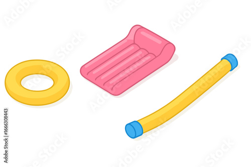 Inflatable pool toys icon set. Isometric vector illustration of summer vacation accessories. Pool float ring, inflatable mattress and noodle for swimming, fun and relaxation.