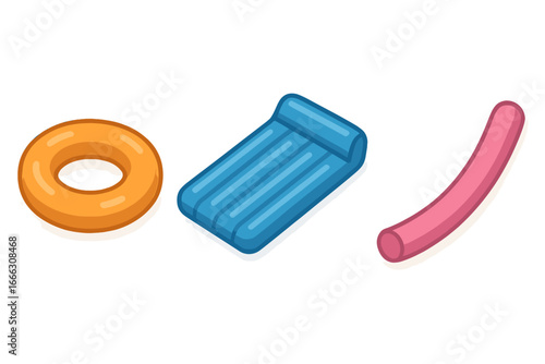 Inflatable pool accessories icon set. Isometric flat design vector of summer swimming equipment. Pool float ring, inflatable mattress lounger, and pool noodle. Vacation water toys.