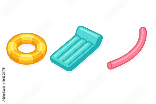 Collection of inflatable pool float toys. Isometric vector icon set with swim ring, air mattress and noodle. Summer beach vacation accessories for water fun and swimming.