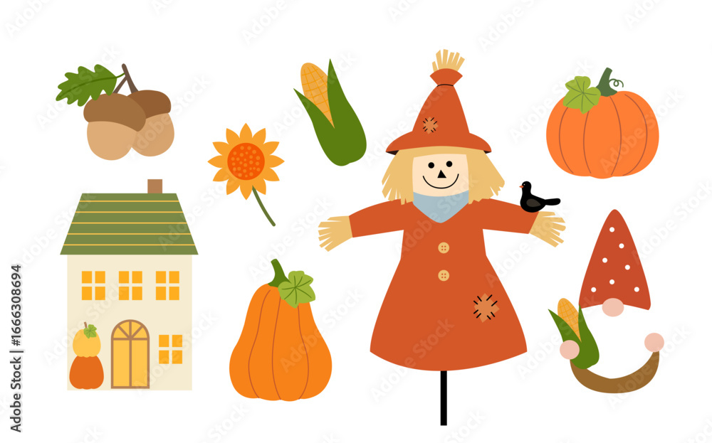 Fototapeta premium collection of autumn seasonal clipart. vector illustration set of autumn patterns featuring a scarecrow, pumpkin, gnome, house, acorn, sunflower, corn and crow. For harvest festival, Thanksgiving. 