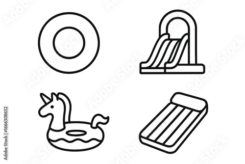 Inflatable water toys icons line art set. Pool float, unicorn, ring, slide, raft. Summer vacation fun. Waterpark leisure object. Outline vector graphic illustration.