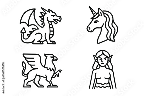 Mythical creatures outline icons set of 4 – linear dragon, unicorn, griffin, and elf fantasy legend symbols on transparent background vector illustration