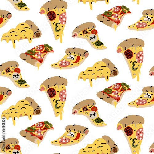 pattern of triangular pizza slices with different toppings. Flat color illustration with doodle lines in a seamless texture. Cheese, sausage, peppers, tomatoes, mushrooms, food. Different positions.