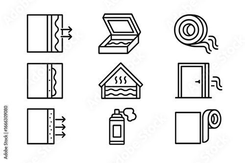 Insulation and sealing outline icon set. Vector symbols for wall layers, attic hatch, weatherstripping tape, draft proofing, and spray foam. Home energy efficiency concept.