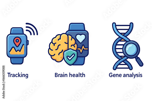 Health technology icons set with smartwatch for activity tracking, brain health and mental wellness symbol, and DNA gene analysis concept. Vector illustration for digital medicine.