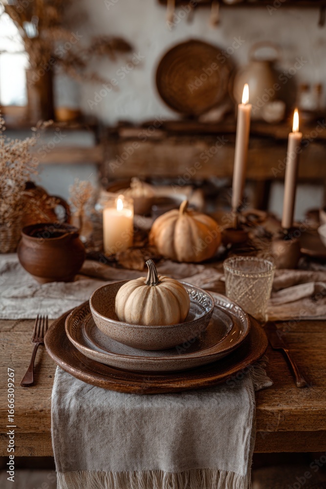 Naklejka premium Rustic Wooden Dining Table Set for Two with Linen and Autumn Decor