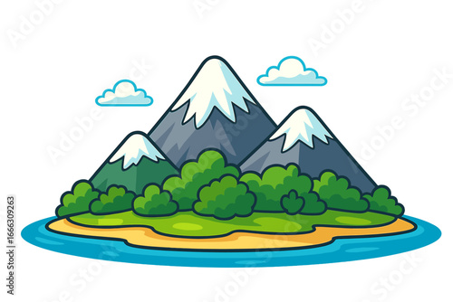 Mountain island vector icon. Cartoon landscape with snow peak rock. Nature adventure travel symbol. Green forest on a tropical beach. Sea journey vacation illustration logo design.