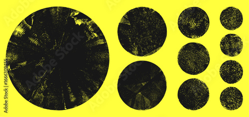 Grungy textured hand printed circle shapes of various size set. Handmade distressed backgrounds bundle. Linocut vector relief printing round rough retro aged texture. Grunge text frame boxes templates