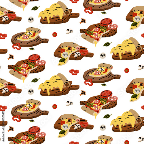 pattern of triangular pizza slices on a wooden tray. Flat color illustration with doodle lines in a seamless texture. Various toppings. Cheese, pepper, tomato, spinach, mushrooms. Different positions