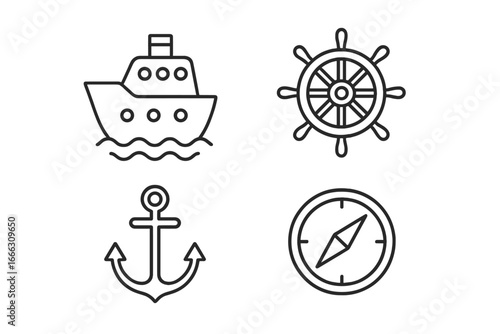 Nautical Outline Icons Set of 4 – Maritime Symbols for Sea Travel, Marine Navigation, Ship Wheel, Anchor, Compass, and Boat Vector Illustration on Transparent Background
