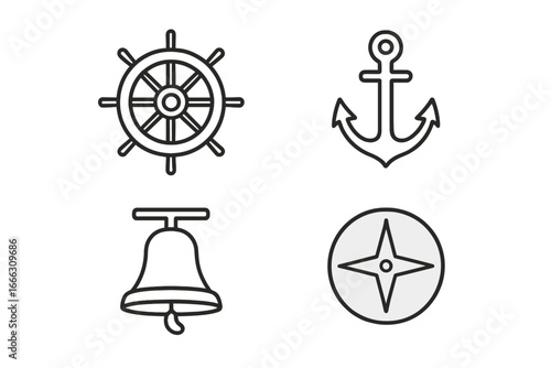 Nautical Outline Icons Set of 4 - Maritime Symbols for Sea Travel, Marine Navigation, Sailing and Ocean Exploration, Vector Illustration on Transparent Background