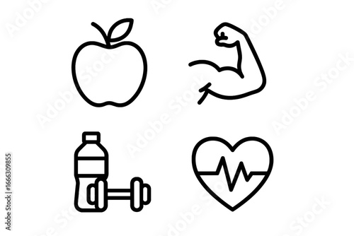 Nutrition and fitness icons set, healthy food apple, strong muscle arm, water bottle with dumbbell, heart pulse health symbols vector illustration transparent background