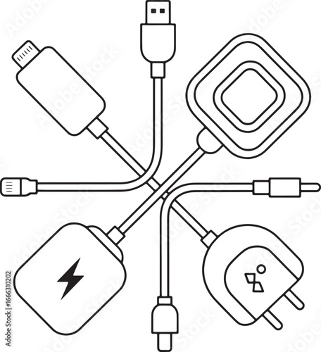 Assortment of Electronic Cables and Adapters in Circular Arrangement technology electronics