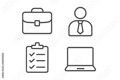 Office and work outline icons set of 4, sleek linear business and productivity symbols, briefcase, professional person, checklist, laptop, vector illustration transparent background