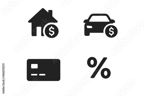 Loan and credit solid filled icon set. Mortgage icon, auto loan, credit card, interest rate. Finance, banking, investment, debt, payment, money concept vector icons.
