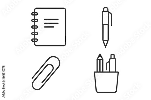Office supplies outline icons set of 4 including notebook, pen, paperclip, pencil holder, linear style, stationery essentials, work tools, vector illustration on transparent background