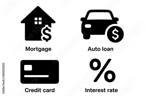 Loan service solid glyph icons. Financial concepts of mortgage, home buying, auto loan, credit card, and interest rate. Banking and finance vector symbols for web design.