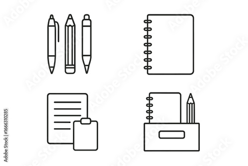 Office supplies outline icons set of 4 featuring stationery essentials, linear style symbols including pens, pencils, notebooks, clipboard, and desk organizer for work and study