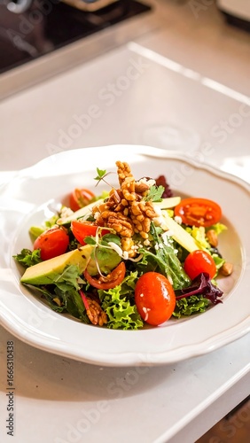 A vibrant, healthy salad presentation featuring a medley of fresh greens, cherry tomatoes, avocado slices, and toasted walnuts, garnished with microgreens, arranged beautifully on a white plate.
