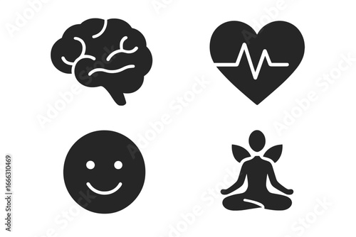 Mental wellness solid icon set. Vector symbols for mental health, psychology, self-care, and balance. Brain, heart pulse, happy face, mindfulness meditation, and harmony concept.