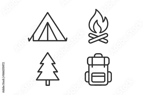 Outdoor and camping icons set of 4. Outline linear adventure and survival symbols with tent, campfire, pine tree, and backpack. Vector illustration on transparent background.