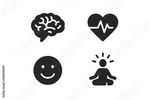 Mental wellness solid icon set. Psychology, health, and mindfulness symbols. Brain, heart pulse, happy face, and meditation person glyph. Emotional wellbeing concept vector.
