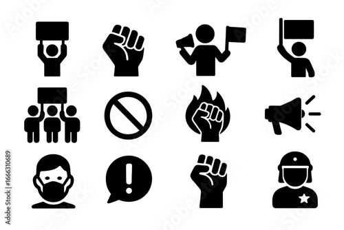 Protest and Activism Solid Icon Set, Demonstration, Resistance, Power Fist and Rally Symbols, Social Movement, Human Rights, Street Protest, Political Activism, Vector Cartoon Illustration