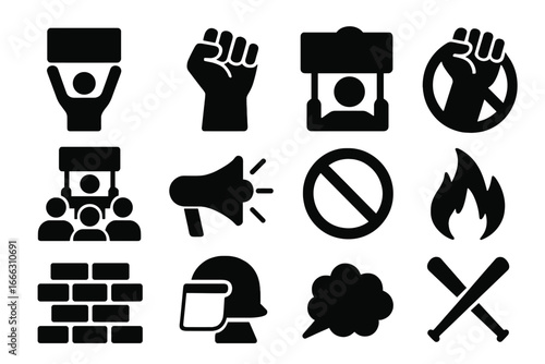 Protest and Activism Icon Set, Demonstration and Resistance Solid Symbols, Social Movement and Political Protest Vector Collection, Transparent Background Cartoon Style