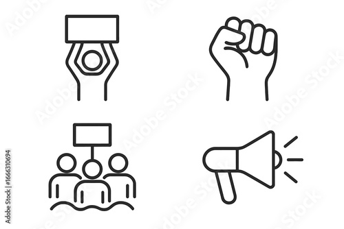 Protest and activism icons set, 4 outline linear demonstration symbols, raised fist, megaphone, group march with placard, individual holding sign, vector illustration transparent background