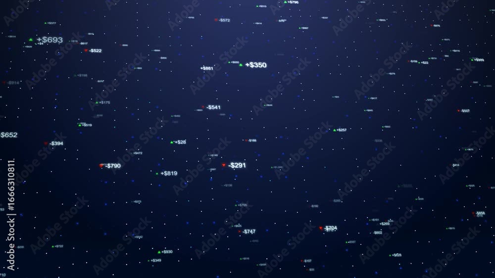 Animated digital background showing fluctuating prices, green gains, red losses, financial tickers dark space. for visuals illustrating investment, analytics, trends, data-driven strategy, volatility.