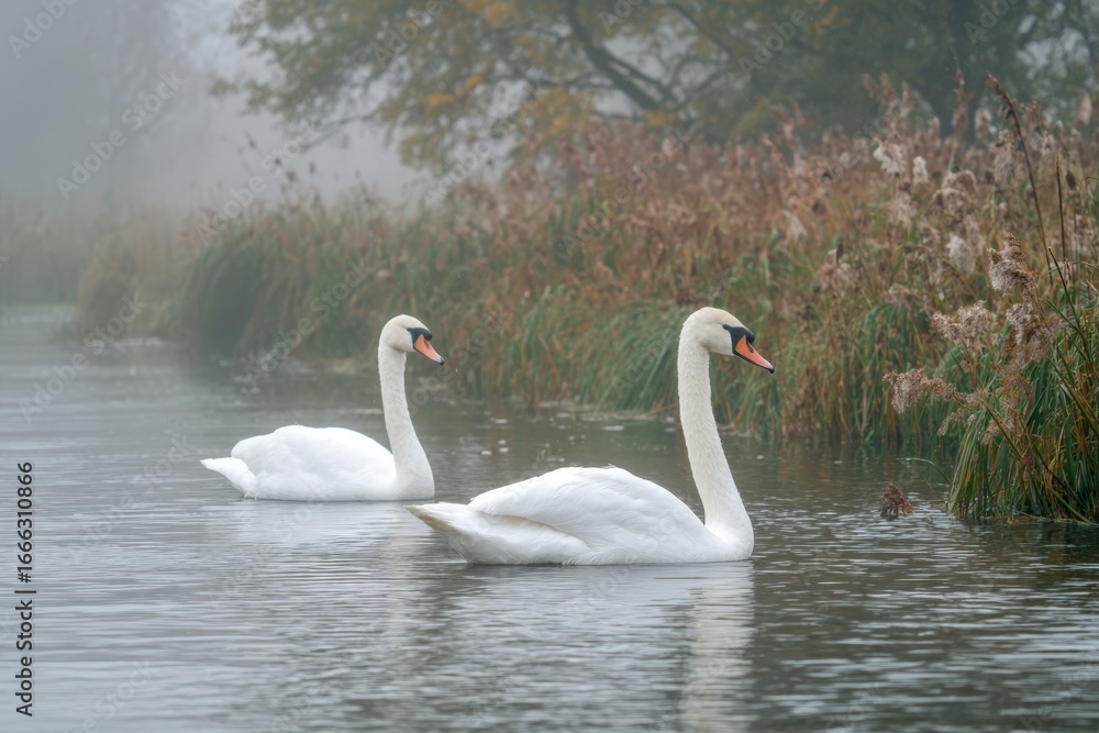 Fototapeta premium Pair of Swans Gracefully Floating on Misty Autumn River