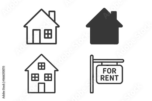 Real estate outline icons set of 4, flat silhouette style, property symbols including house, home, rental sign, real estate concept vector illustration on transparent background